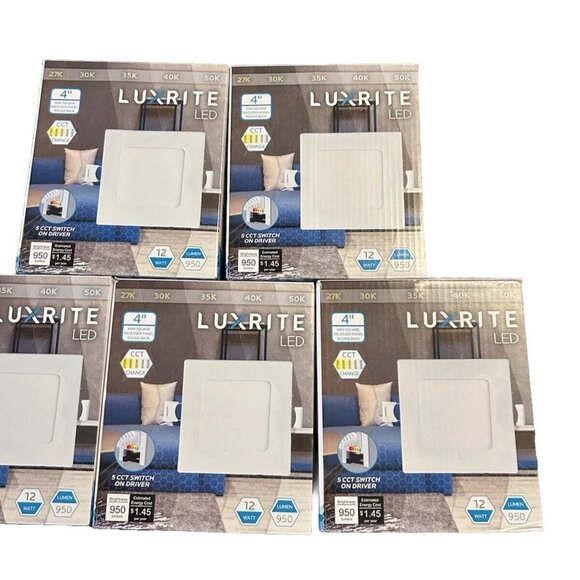 Luxrite 4 Inch Slim Square LED Recessed Light 12W 5CCT 2700K-5000K 950LM 5 Pack - Picture 2 of 5
